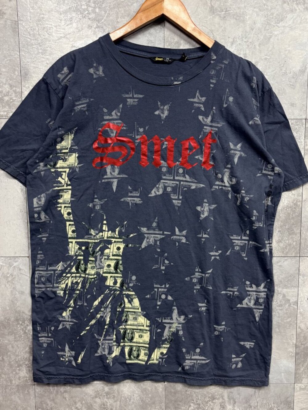 Smet Christian Audigier T Shirt Men's XL Navy Money Skull All Over Print Y2K